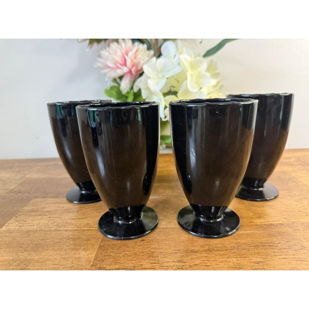 Vintage Black Amethyst Glass Footed Goblets Set of 5 Scalloped Rim